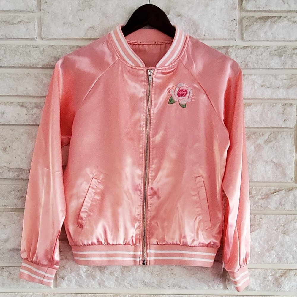 Pink Bomber Jacket with Rose Applique